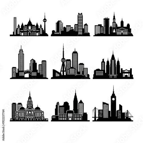 Silhouetted cityscapes showcase iconic landmarks from around the world