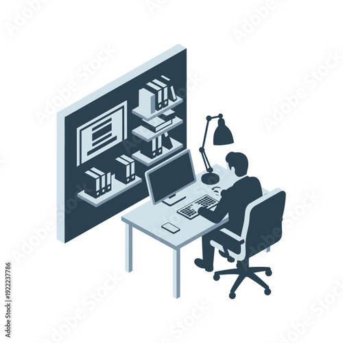 Isometric illustration of a person working at a desk with computer