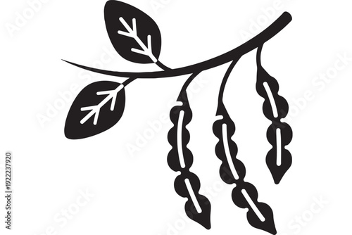 Branch icon with hanging catkins and leaves, black silhouette botanical clipart for spring nature design, minimal vector style isolated on white background