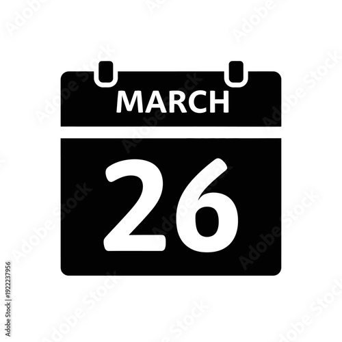 A simple black calendar icon displaying the date march twenty sixth