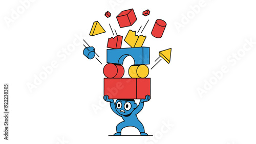 Overwhelmed character balancing unstable, falling geometric blocks; stress, challenge, and collapse concept.