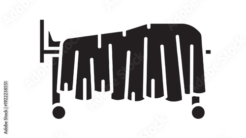 Hospital bed gurney icon with patient blanket drape, black silhouette medical stretcher on wheels, minimal flat pictogram isolated on white for healthcare signage