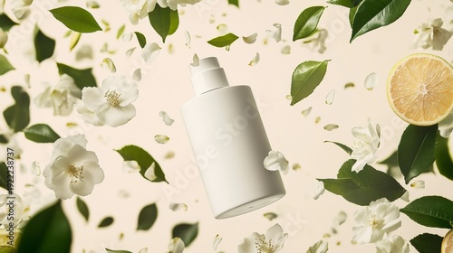 an unbranded blank white cosmetics bottle  floating in the sky