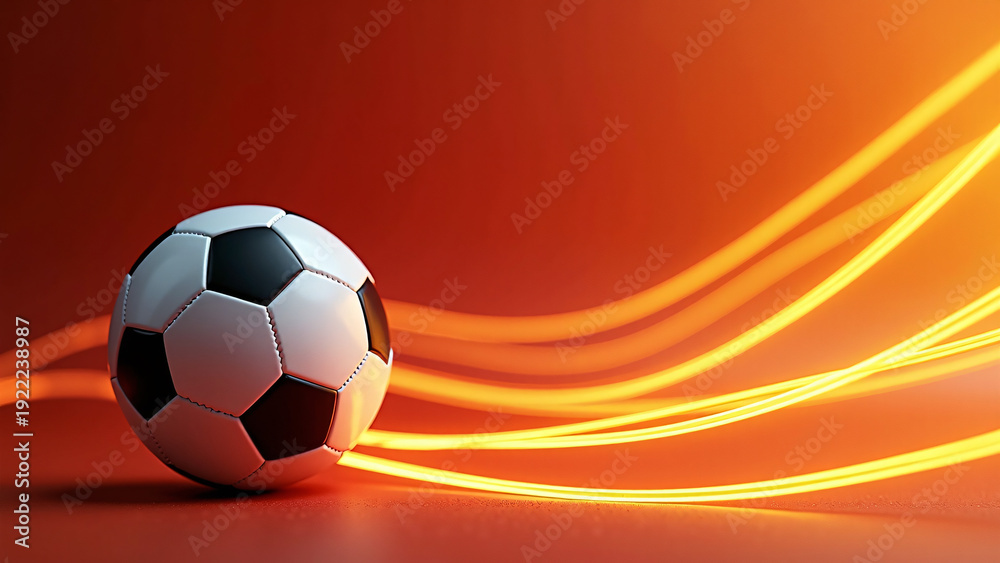 Naklejka premium A classic black‑and‑white soccer ball rests on a smooth surface as glowing orange light‑trails sweep across a bright background, creating a bold, energetic digital‑sport composition. 
