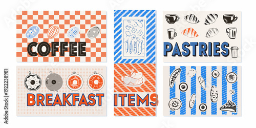 A collection of colorful retro style signs displaying breakfast and coffee items