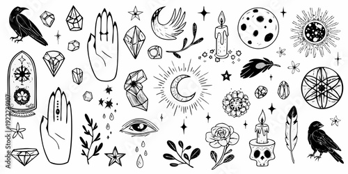 Mystical collection of hand drawn occult symbols crystals and celestial elements