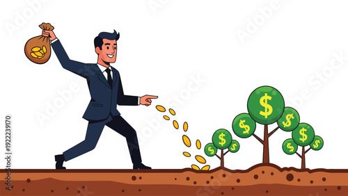 Businessman sowing money seeds to grow financial wealth trees. Investment, growth, and prosperity concept.