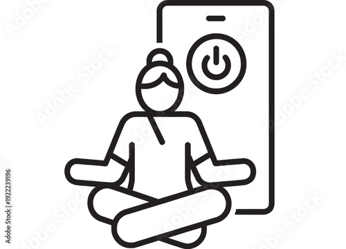 Meditation app icon with person sitting in lotus pose and smartphone power button symbol, minimal outline vector for wellness, mindfulness, and digital detox concept