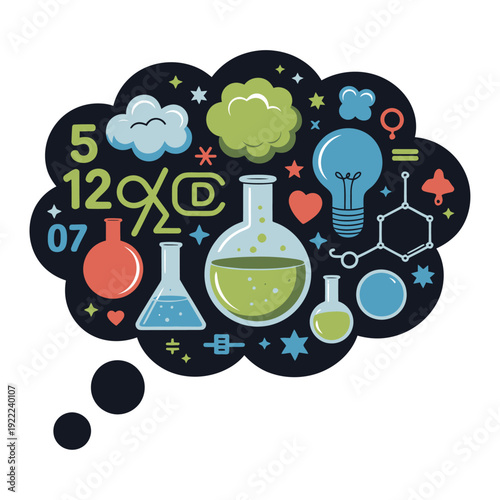 colorful vector illustration of science and math elements inside thought bubble featuring laboratory flasks formulas light bulb chemistry symbols and education icons