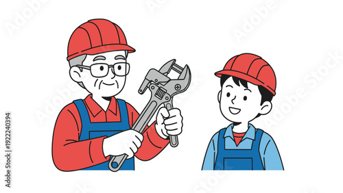 Generational Mentorship: Senior Worker Teaching Young Apprentice with Wrench. Skill Transfer in Trade & Training Concept.