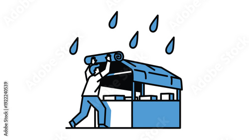 Weather protection concept: Person covering a stand with a tarp in the rain