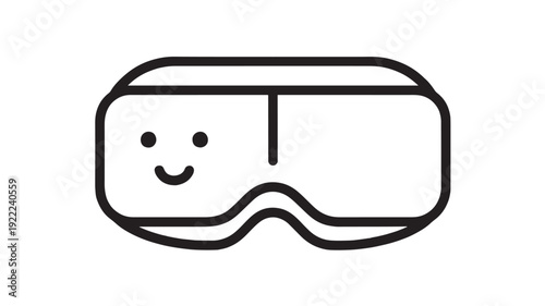 Goggles virtual reality headset icon with cute smiling face, simple black outline line art on white background, minimal VR glasses symbol for app UI, web, tech
