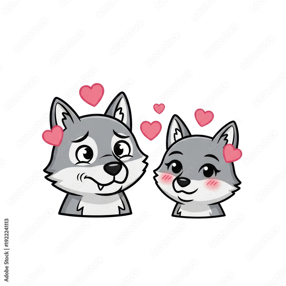 Obraz premium Cute cartoon gray wolf couple in love with pink hearts isolated PNG with Transparent Background