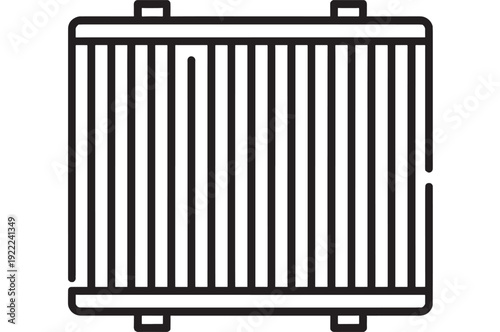 Radiator heating icon with vertical fins and outline style, monochrome line art isolated on white background for HVAC, home warmth, energy efficiency and temperature control