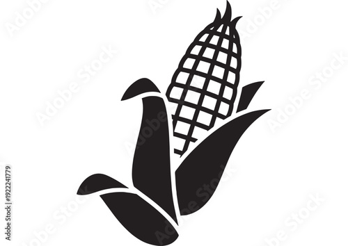 Corn cob icon with husk leaves and kernel grid, minimalist black silhouette vector isolated on white background for farm, harvest, food label, agriculture design