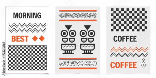 Three patterned panels with text relating to mornings and coffee