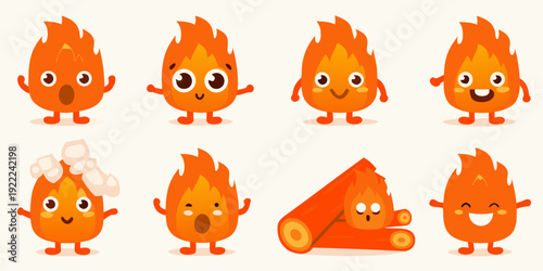 Cute cartoon flames with various expressions and forms are displayed
