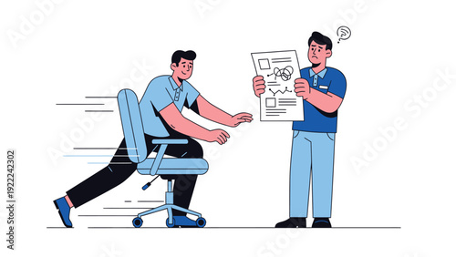 Employee rushes away on office chair, avoiding tasks as frustrated colleague holds document. Deadline pressure and procrastination.