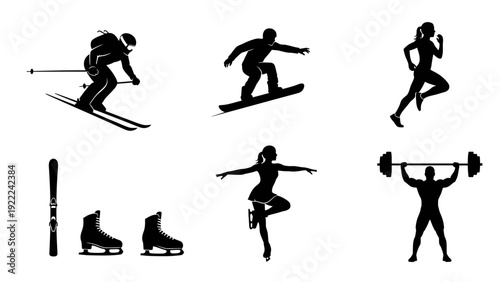 Silhouettes of People Engaging in Winter Sports and Fitness
