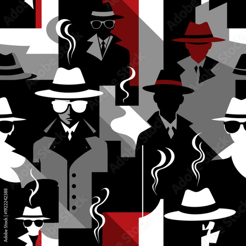 Mystery Spy Character Pattern with Noir Detective Silhouettes and Shadows