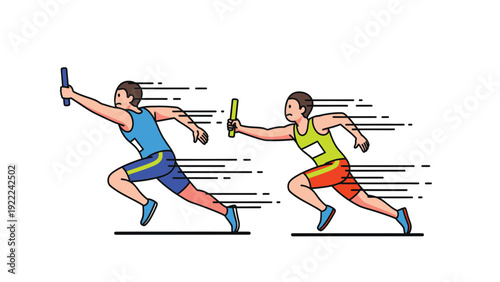 Relay Race Athletes Passing Baton. Dynamic vector illustration of teamwork, speed, and competitive track and field sport.