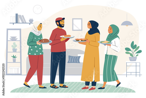 Muslim Neighbors Bringing Food And Sharing Togeth Premium Digital Asset Suitable for Design