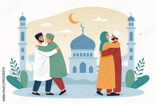 Dynamic Muslim People Hugging And Greeting Each Other Dur Creative Visual