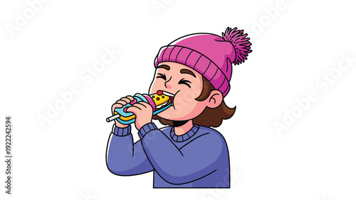 Joyful Cartoon Character in Beanie Happily Eating a Sandwich