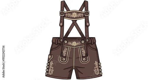 Illustration of traditional lederhosen with intricate designs and suspenders on a plain white background from a front viewpoint