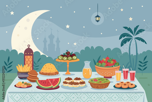 Depicting Ramadan Evening Meal With Fruits Desserts And Beautiful Creative Visual