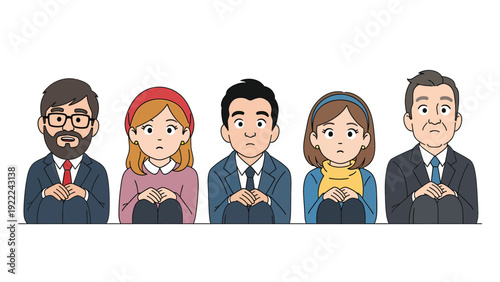 Diverse group of worried people illustration: men and women with anxious, concerned expressions in flat cartoon style.