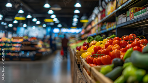 Busy Upscale Grocery Store Produce Section with Fresh Colorful Vegetables and Shoppers in Background, Fresh Colorful Tomatoes and Vegetables in Wooden Crates Busy Upscale Grocery Store Produce Market