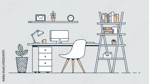 Clean and organized minimalist line art home office desk setup featuring a computer lamp chair and bookshelf conveying focus and productivity in a modern workspace perfect
