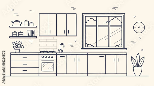 Minimalist line art kitchen interior featuring clean modern cabinetry a gas stove sink oven and decorative shelves with plants and teapots illuminated by natural light