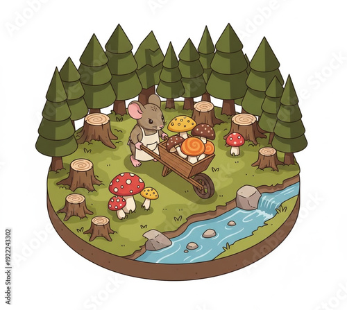 Charming little mouse harvesting a bounty of colorful mushrooms in a whimsical forest clearing with a stream