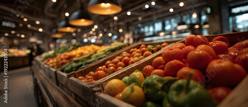 Busy Upscale Grocery Store Produce Section with Fresh Colorful Vegetables and Shoppers in Background, Fresh Colorful Tomatoes and Vegetables in Wooden Crates Busy Upscale Grocery Store Produce Market