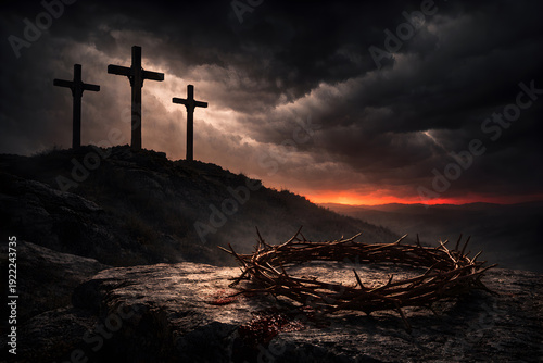 Conceptual image of Good Friday, three wooden crosses standing on a dark hilltop under a heavy stormy sky