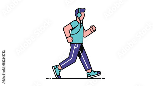 Flat design illustration of a man jogging with headphones, representing fitness and an active lifestyle.