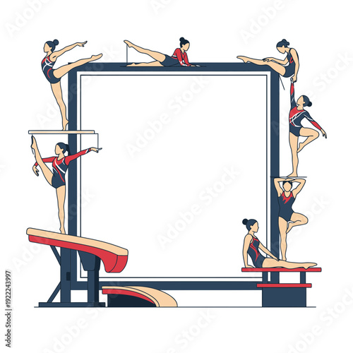 Gymnasts in Dynamic Poses Around a Frame vector illustration