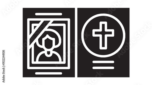 Obituary icon set with memorial portrait and Christian cross badge, black and white glyph symbols for death notice, funeral service, remembrance card, RIP template