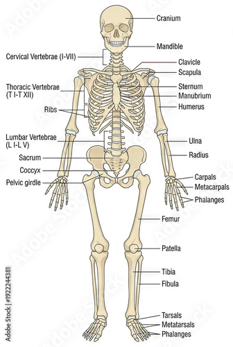 Skeletal System. Beige anatomical skeleton labeled with leader lines from cranium to phalanges. Generative AI