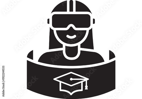 Graduate student icon with mortarboard education emblem, headset-style academic figure in black silhouette, isolated on white background for e-learning and university services