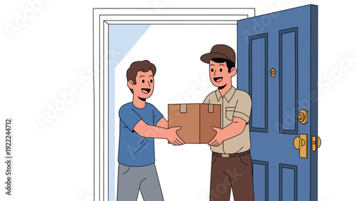 Smiling delivery person hands package to happy customer at their home doorstep, online order delivery service illustration