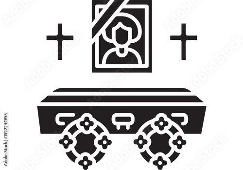 Coffin funeral icon with deceased portrait, religious crosses, flower wreath decorations and casket silhouette, minimal black glyph pictogram for burial service design