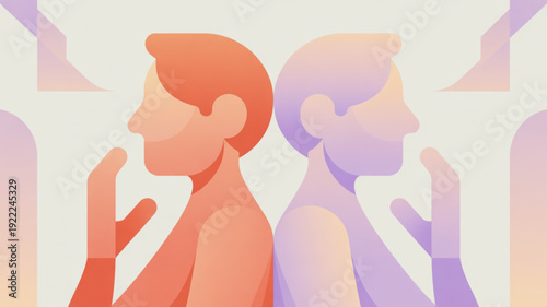 Two men in profile with hands raised in a gesture of silence or secrecy against a pastel background