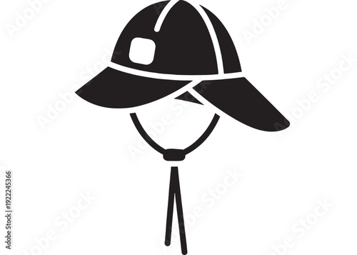 Helmet safety hard hat icon with chin strap, minimalist black silhouette symbol for construction worker protection, industrial equipment signage, isolated on white
