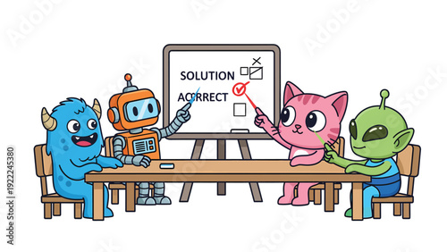 Diverse cartoon characters brainstorming solutions at a meeting table with whiteboard, teamwork and problem-solving concept