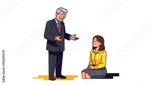 Senior Businessman Advising Young Female Employee. Professional Workplace Communication, Mentorship, and Discussion Illustration.
