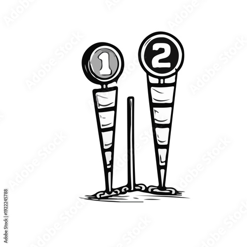 Hand-drawn construction marking stakes illustration in black and white sketch style representing site measurement tools isolated on white.
