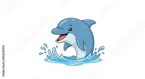 Cartoon dolphin jumping out of water with playful expression and splashing around in a fun and lively scene
